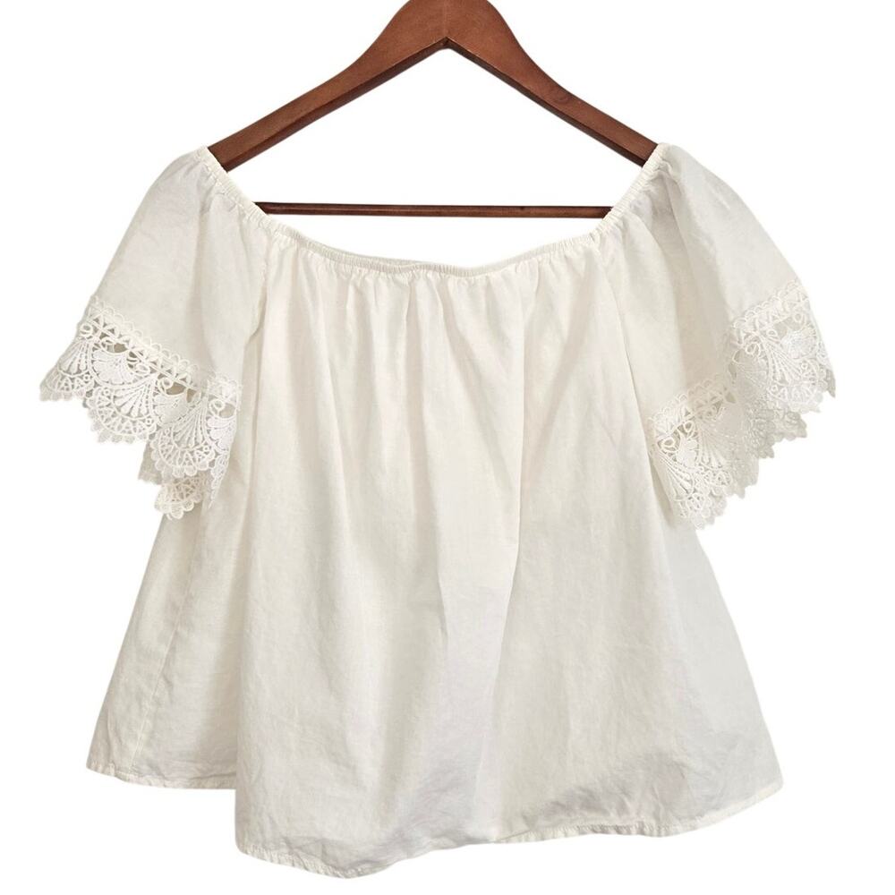 Romantic Minimalist Boho White Linen Blend Off Shoulder Lace Trimmed Top Small